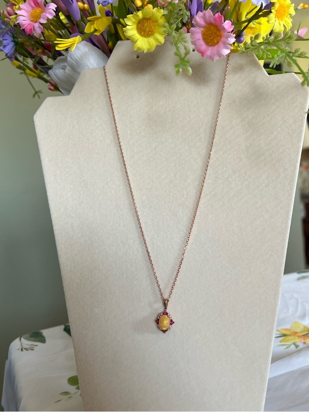 10k Solid Rose Gold Ethiopian Opal with Genuine Diamond and Ruby Halo Pendant - Picture 14 of 16